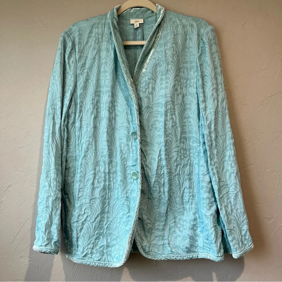 J Jill 100% Silk Blazer Jacket Velvet Floral Boho Preppy Pastel Blue Textured - Picture 1 of 10